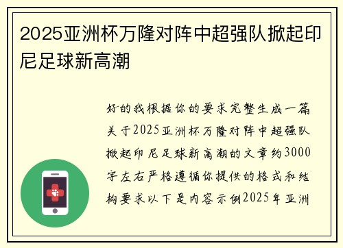 2025亚洲杯万隆对阵中超强队掀起印尼足球新高潮